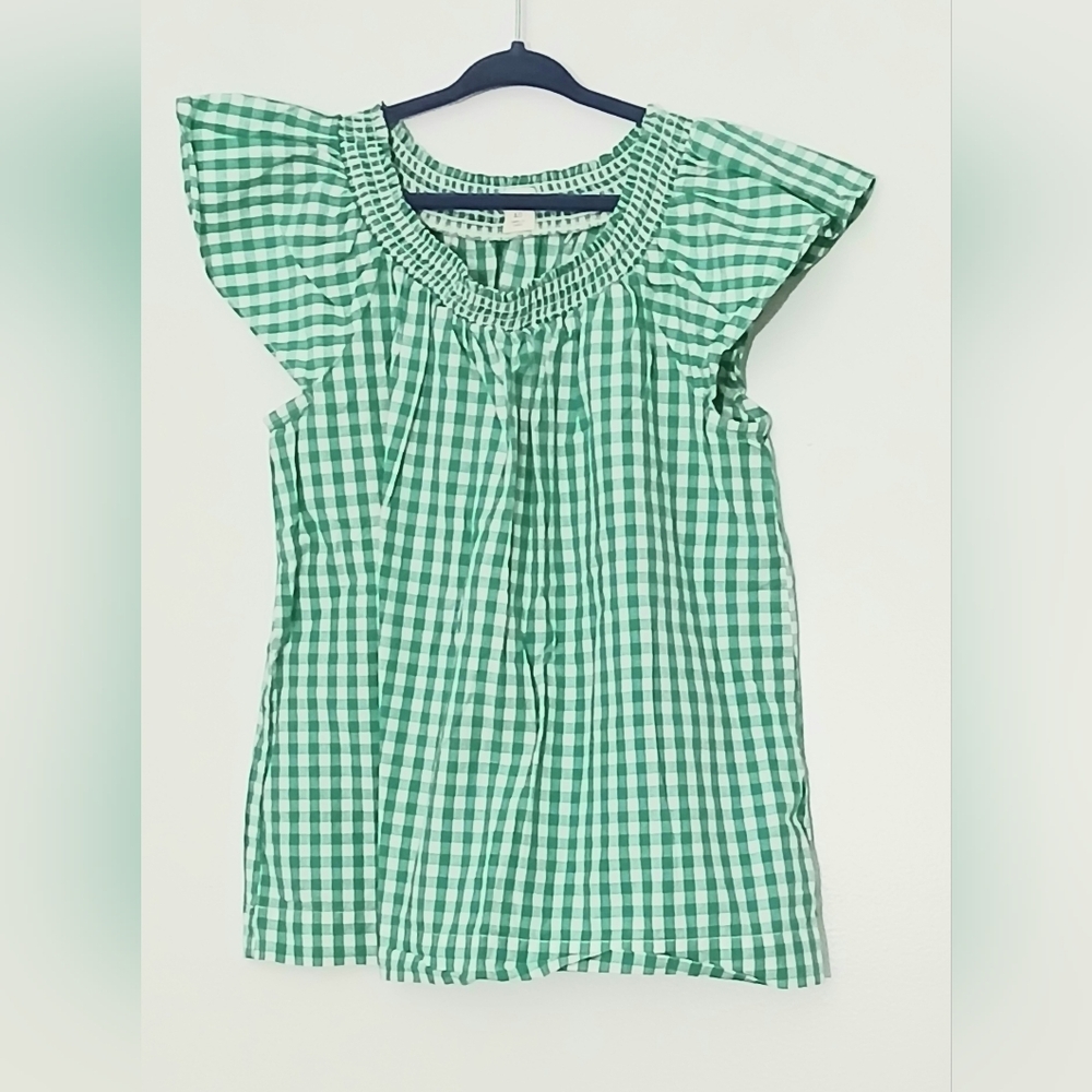 Crewcuts J Crew Blouse Girls Size 10 Green Gingham Short Sleeve Smocked Collar